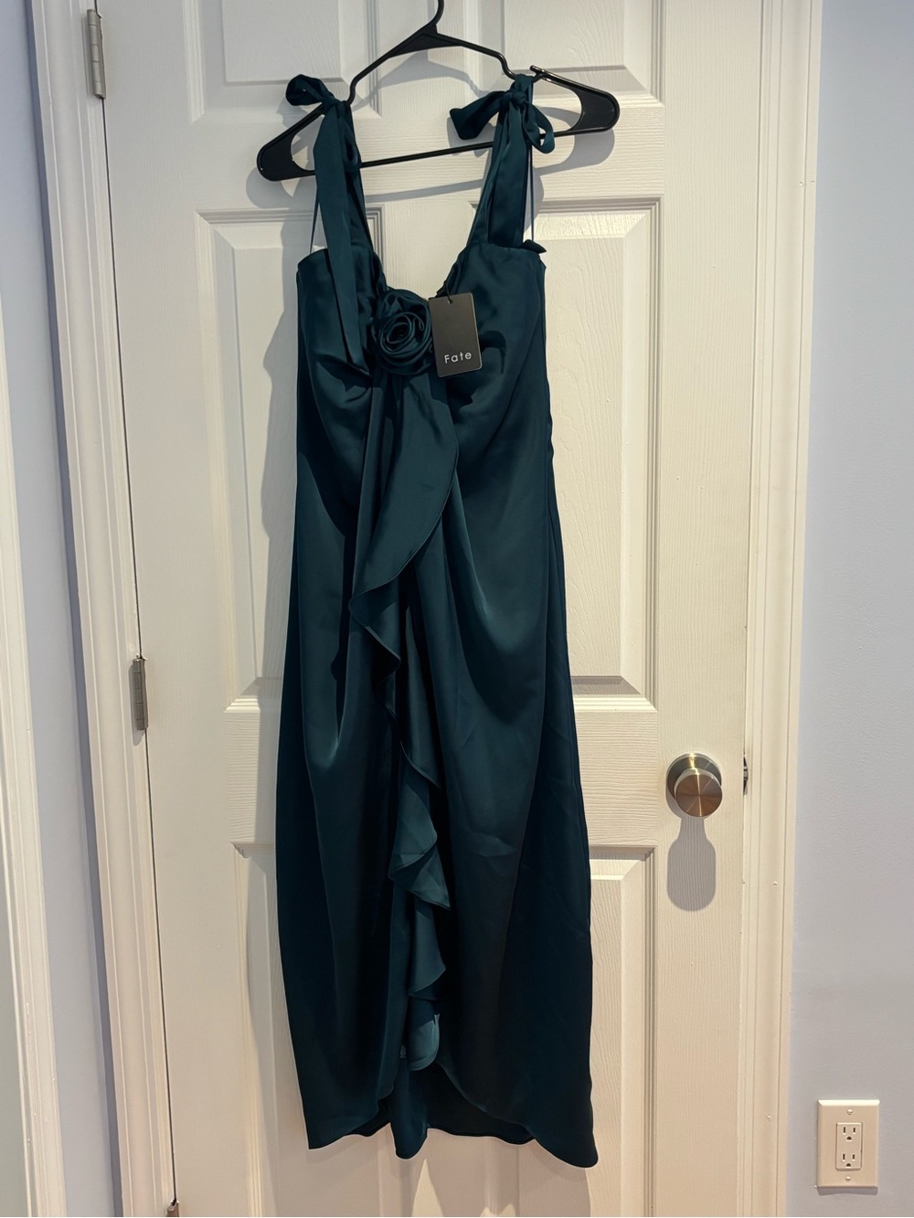 Fate Teal Satin Tie-Shoulder Ruffle Midi Dress